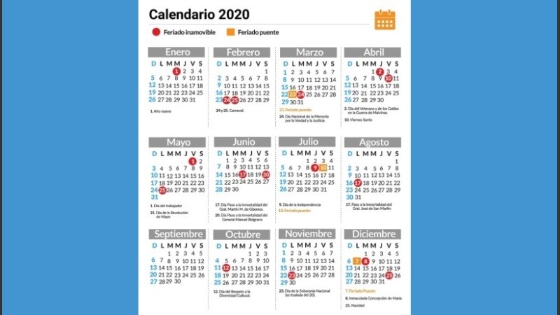Calendario 2020 con sus feriados.