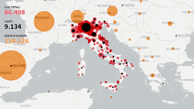 El mapa con las cifras oficiales del coronavirus en Itala y Europa.