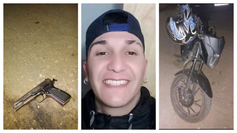 El arma secuestrada, la víctima y la moto.