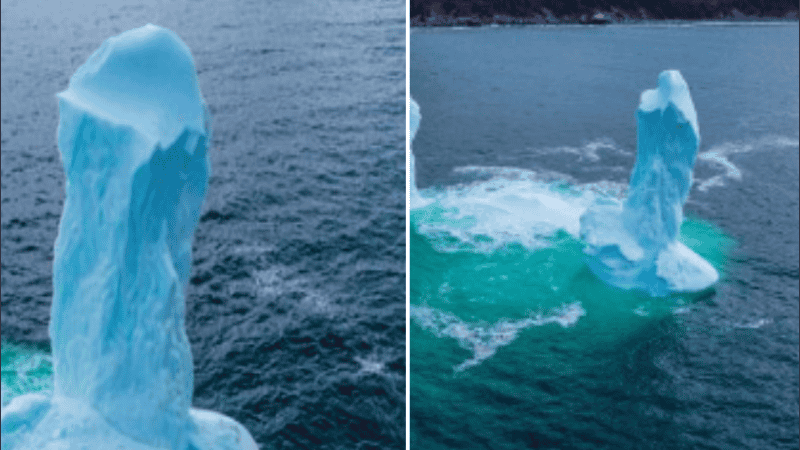El peculiar trozo de hielo no duró mucho y colapsó por los golpes de las olas.