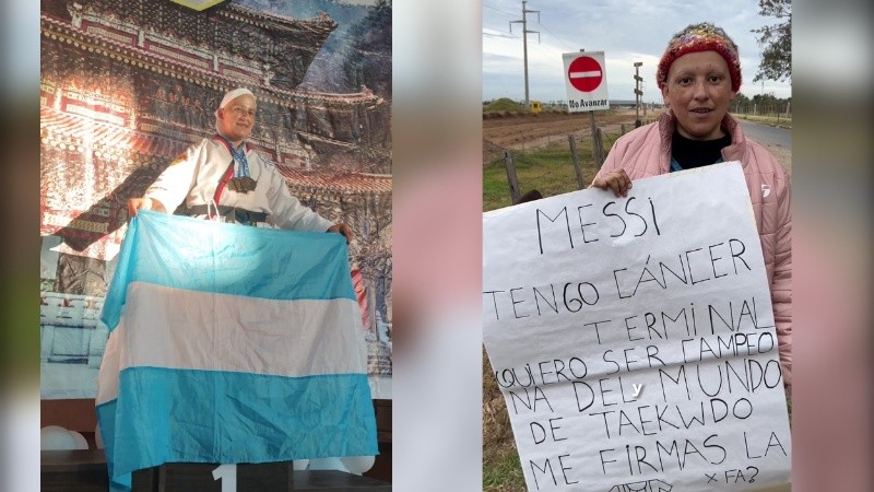 “Messi, tengo cáncer terminal. Quiero ser campeona del mundo de Taekwdo. ¿Me firmas la camiseta?”, dice el cartel 