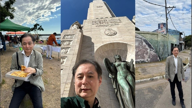 Las imágenes que compartió el diplomático japonés en sus redes, en el parque, el Monumento y la casa de Messi.