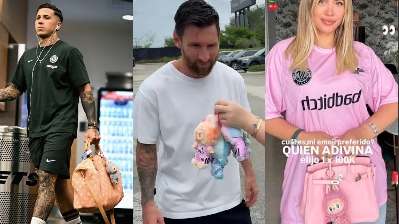 Enzo Fernández, Lionel Messi y Wanda Nara, con labubus.